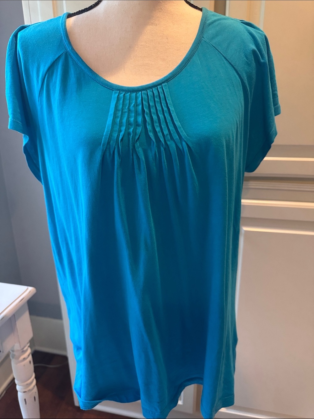 Chaus Teal Short-Sleeve Pintuck Scoop Neck Top